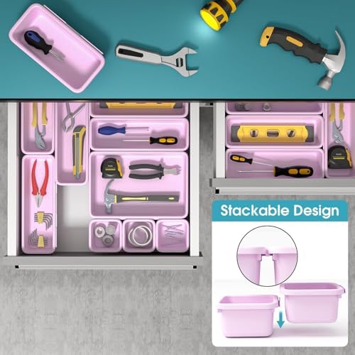 16 PCS Drawer Organizer Set, 4 Size Makeup Drawer Divider Organizer With Non-Slip Pads, Interlocking Plastic Storage Bins for Office,Jewelry Vanity,Gadgets, Bathroom,Kitchen, Purple