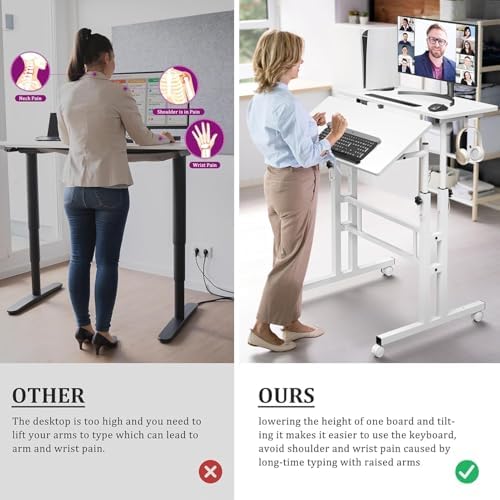Simple Deluxe Split Top Rotating Standing Desk on Wheels – 23.6" Manual Adjustable Height Mobile Laptop Computer Table – Sit Stand Rolling Workstation with Tilt Function – White