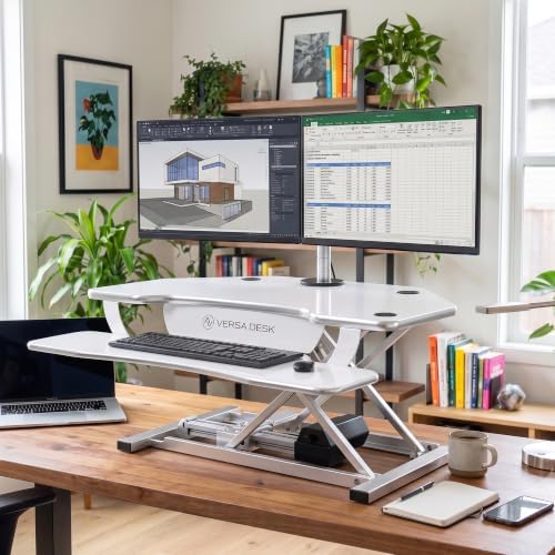 VERSADESK PowerPro 36 Inch Electric Corner Standing Desk Converter, Motorized Height Adjustable Sit-Stand Desk Riser, Dual Monitor & Laptop Workstation with Keyboard Tray, White