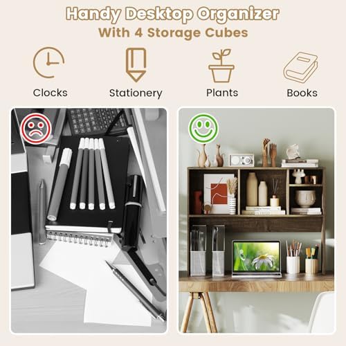 GIANTEX Desktop Bookshelf, Countertop Storage Hutch with 4 Shelves for Computer Desk, Dressing Tabletop Display Rack, Multipurpose Desk Hutch Storage Organizer for Home Office Dorm (Grey Oak)