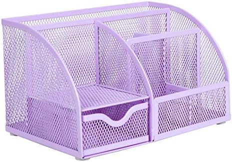 Annova Mesh Desk Organizer Office with 7 Compartments + Drawer/Desk Tidy Candy/Pen Holder/Multifunctional Organizer (Light Purple)