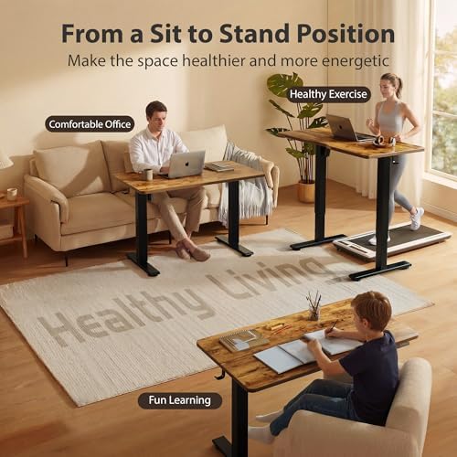 Cubiker Standing Desk, 48x24 Inches Sit Stand Home Office Desk, Electric Stand up Desk, Adjustable Desk with Splice Board, Black Frame/Rustic Brown Top