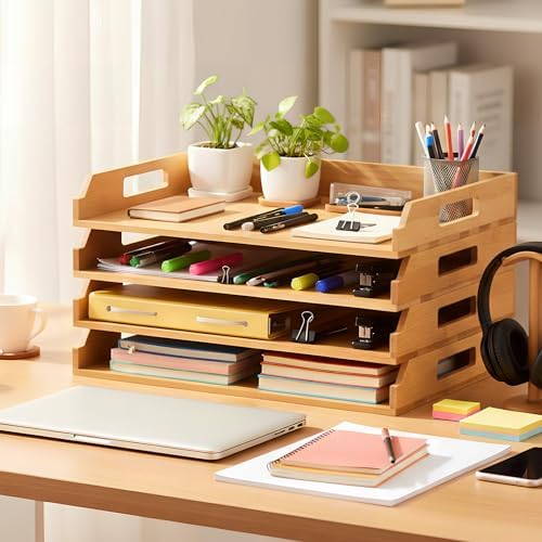 AceOrbit 4 Pcs Stackable Paper Tray Bamboo Wood Desk Organizer Letter Tray