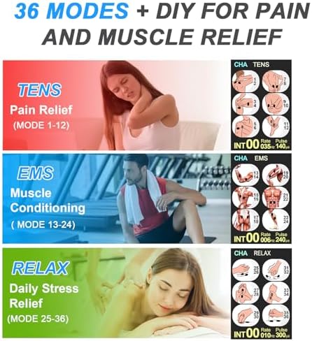 TENS EMS Unit Muscle Stimulator for Pain Relief Therapy - 4 in 1 TENS EMS Relax Custom Frequency+Pulse - Muscle Massager 36 Modes 20 Intensity, Memory & Favorites Function, 3.8" Color Display - Gray