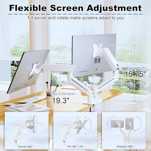 THEARK Dual Monitor Stand for Desk - Dual Monitor Mount for 17-32 Inch Screens,Height Adjustable Dual Monitor Arm Desk Mount with Clamp and Grommet Base,75x75/100x100mm VESA Mount,Max 19.8 lbs,White