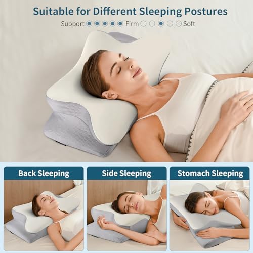 Cervical Neck Pillow for Pain Relief - Ergonomic Pillow Side Sleeper Pillow for Sleeping, Orthopedic Bed Pillow Neck Support Pillow, Contour Memory Foam Pillows for Side Back Stomach Sleepers (Grey)