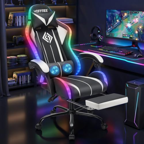 RGB Gaming Chair with LED Lights Massage Ergonomic Computer Chair-White