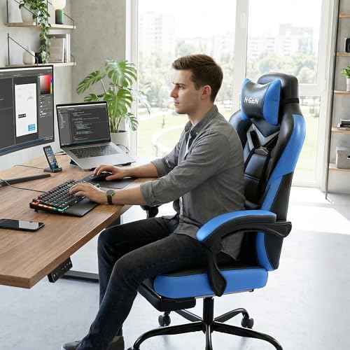 Gaming Chairs with Footrest, Big and Tall Gamer Chair with Headrest and Lumbar Support for Adults, Blue