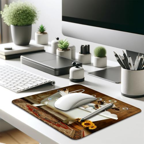 Funny Cow in Bathtub Mouse Pad, Animal with Sunflowers & Bubbles Desk Mat