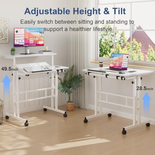 VECELO Mobile Small Standing Desk Adjustable Height, Computer Workstations with Tiltable Tabletop, Lockable Wheels, Portable Rolling Laptop Desk for Home Office, White