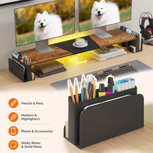 WESTREE Dual Monitor Stand Riser with Storage, Computer Monitor Riser with Adjustable Angle and LED, Desktop Monitor Stand Organizer for Computer, Laptop, Printer
