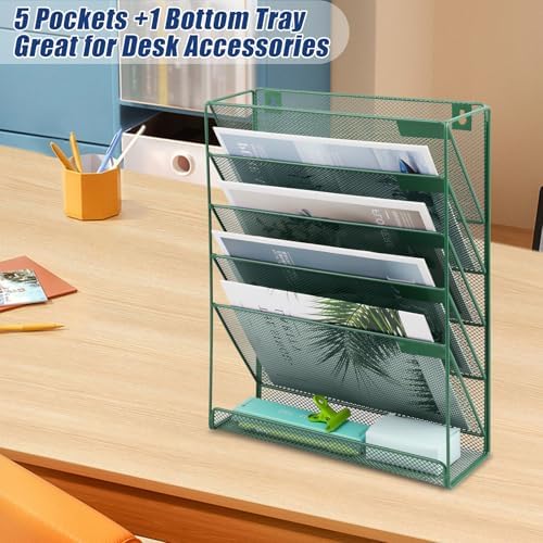 EASEPRES Desk File Organizer Mesh 6-Tier, Hanging Wall Mount Document Organization Stand, Desktop Vertical Mail Paper Folder Holder Rack with Bottom Tray for Office Home Cubicle Countertop, Dark Green