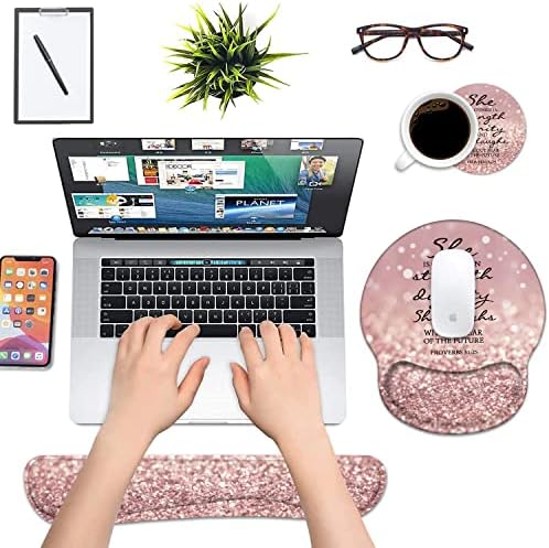 Keyboard Wrist Rest and Mouse Pad Wrist Support Set with Coasters, Bible Verse Proverbs 31:25 Wrist Mouse Pad with Non-Slip PU Base for Home Office Working Studying Easy Typing & Pain Relief