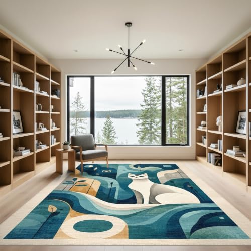 9'x12' Teal Blue Cat Boho Abstract Design Washable Area Rug