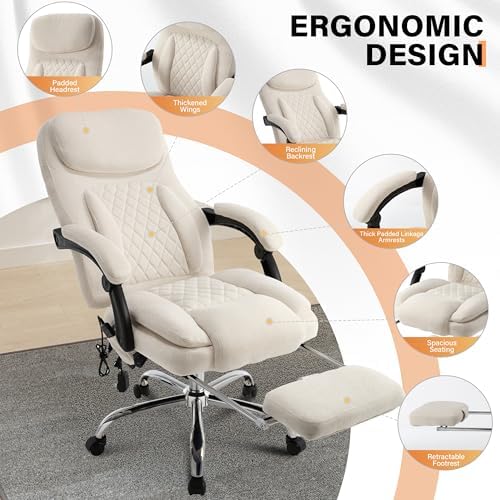 500LBS Massage Office Chair, Reclining 6 Points Vibration and Heat Desk Chair with Foot Rest, Ergonomic Executive Office Chairs, Comfy Wider & Thicker Seat, Big and Tall Gaming Chair, Fabric Beige