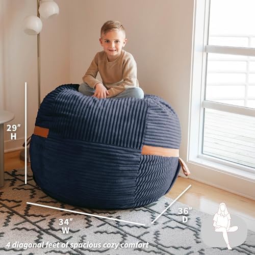 Big Joe Fuf 4Ft Foam Bean Bag Chair with Removable Cover for Kids, Teens, Midnight Blue, Corded Plush, 4 Foot Large Reading and Gaming Seat