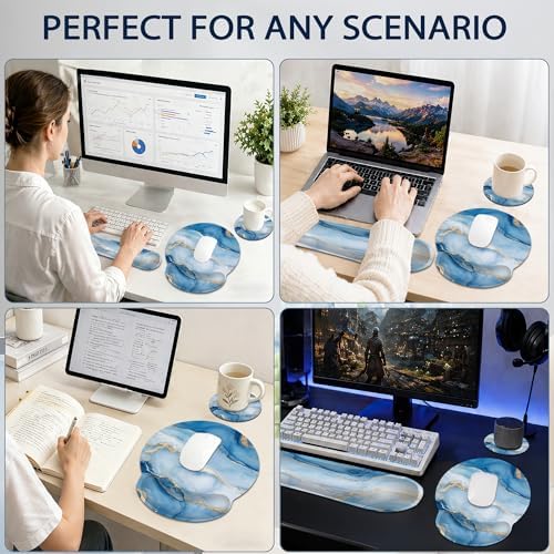 Marble Ergonomic Memory Foam Wrist Rest Set for Keyboard and Mouse,Blue Gold Flowing Marble Supportive Mouse Pad with Non Slip Base for Office Work and Gaming