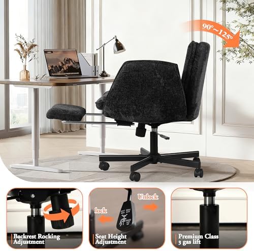 Criss Cross Chair with Footrest & 5 Level Folding Arms Full Relaxation, Wide Cross Legged Office Chair for Home Office, Comfy Swivel Desk Chair with Ottoman, Chenille Vanity Chair (Black)