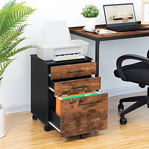 HOOBRO 3-Drawer File Cabinet, Wooden Under Desk Filing Cabinet, fits A4/Letter Size for Home Office, Small Rolling Storage Drawer Chest, Printer Stand with Drawers, Rustic Brown and Black BF02WJ01G1