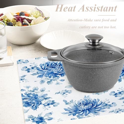 Shrahala Blue Vintage Peony Set of 6 12 X 18 Inch Linen Placemats, Midcentury Burlap Table Mat Washable Double Layered Heat Insulation for Indoor/Outdoor