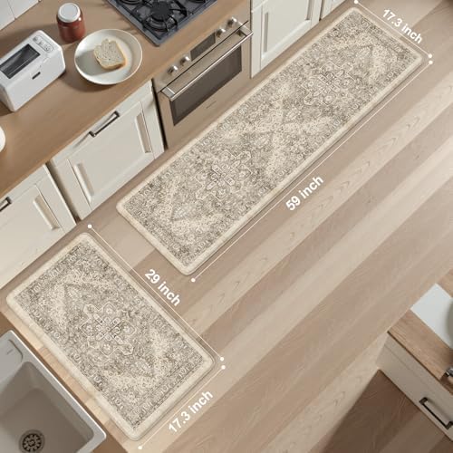 KIMODE Anti Fatigue Kitchen Mats 17"x59"+17"x29",Boho Kitchen Rugs Set of 2