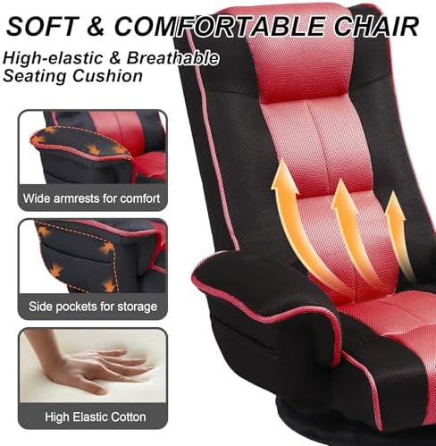 Swivel Floor Chair for Adults, 14-Position Adjustable Floor Gaming Chair with Back Support & Armrests, Foldable Lazy Sofa Lounge, Breathable Mesh for Gaming Reading Meditation (Black/Red)