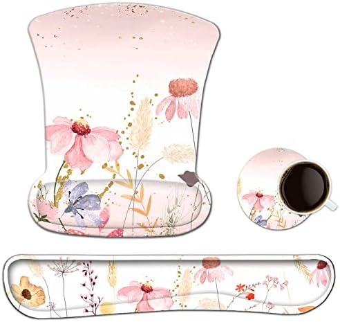 AIMSA Keyboard Wrist Rest and Mouse Pad with Wrist Support Set, Memory Foam Ergonomic Non-Slip Rubber Base, Easy Typing and Pain Relieve for Computer, Laptop,Pink Flowers