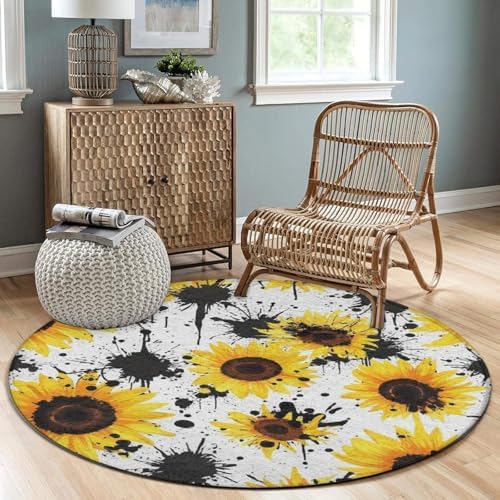 Large Round Area Rug Home Decor Modern Bathroom Rug Kitchen Office Circle Rug for Living Room Sofa Circle Cute Mat 80s Vintage Sunflower Cow Print, 24inch