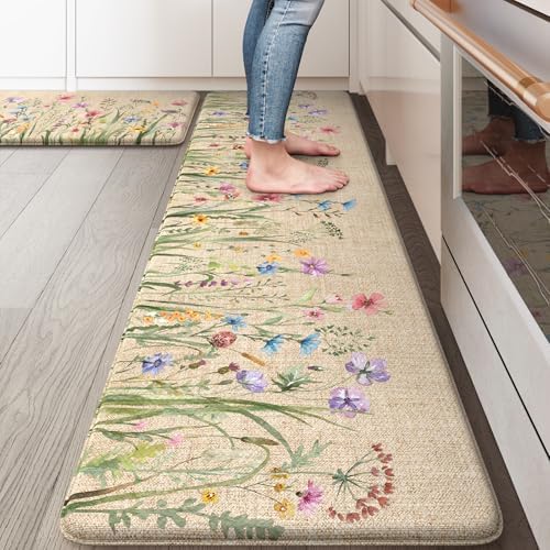 KIMODE Anti Fatigue Mats for Kitchen Floor, Farmhouse Floral Kitchen Rugs