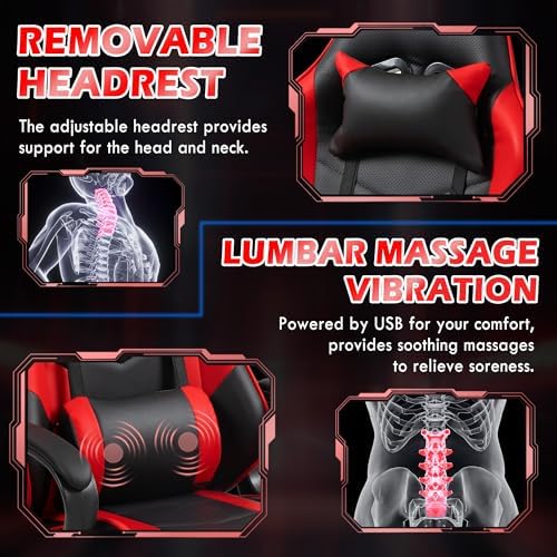 ECOTOUGE Red Ergonomic Gaming Chair Massage Lumbar Rocking High Back
