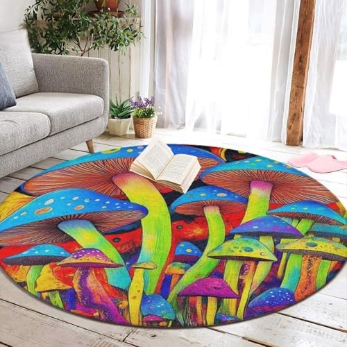 Machine Washable Modern Round Area Rug, Room Sofa Yoga Soft Round Carpet, Home Decor Non Slip Kitchen Office Circle Rug Trippy Tie Dye Magic Mushrooms Art, 36inch