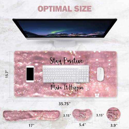 ToLuLu Extended Gaming Mouse Pad, Memory Foam Ergonomic Keyboard Mouse Wrist Rest Support Set, Large Desk Mat with Stitched Edges, Non-Slip Base Mousepad for Home Office Game, Pink Stay Positive