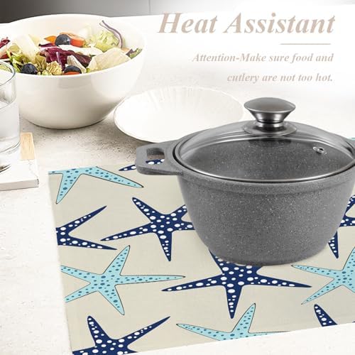 Shrahala Coastal Nautical Set of 6 12 X 18 Inch Linen Placemats, Blue Navy Sea Star Seamless Beach Turquoise Starfish Burlap Table Mat Washable Double Layered Heat Insulation for Indoor/Outdoor