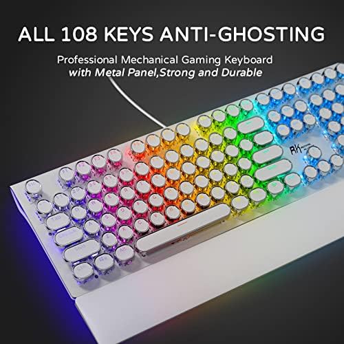 RK ROYAL KLUDGE S108 Typewriter Mechanical Keyboard, Full RGB Gaming Keyboard, Wired PC Game Keyboards with Detachable Wrist Rest and Number Pad, Retro Round Keycaps, Brown Switch White