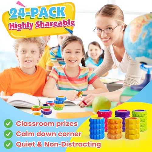 Fidget Toys Kids Sensory Rings: 24 Pack Texture Finger Spinner- Quiet Fidgets for Classroom Prizes - Sensory Toys for Autism Stress Relief - Bulk Party Favors Goodie Bag Stuffers for Kids