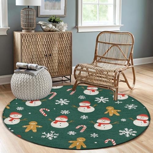 Fashion Round Area Rug Large Non Slip Carpet, Christmas Gingerbread Snowman Green Unisex Home Decor Mat
