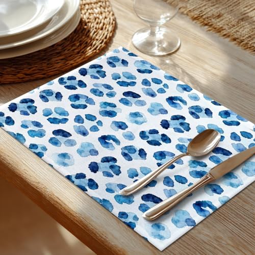 Shrahala Navy Blue Set of 6 12 X 18 Inch Linen Placemats, Watercolor Stains Burlap Table Mat Washable Double Layered Heat Insulation for Indoor/Outdoor
