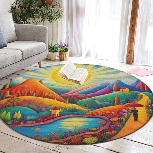 Room Sofa Yoga Soft Round Carpet, Home Decor Non Slip Kitchen Office Circle Rug, Machine Washable Modern Round Area Rug Colorful Red Cottage Landscape Art, 24inch