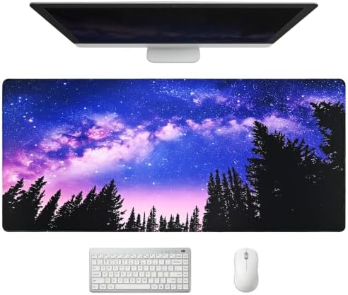 Extended Galaxy Desk Mat, XXL Large Gaming Mouse Pad, Purple Starry Sky Forest Stitched Edges Waterproof with Non-Slip Rubber Base for Computer Keyboard Laptop Work Home Office 35.4"x15.7"