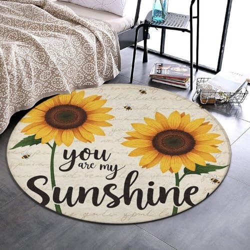 Large Home Decor Mat, Soft Round Yoga Carpet, Non Slip Machine Washable Home Office Circle Rug You are My Sunshine Bees Sunflowers Print