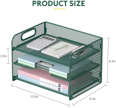 Samstar 3 Tier Green Letter Tray Paper Organizer with Handle, Mesh Desk Organizer Paper Sorter File Rack Shelves, Green