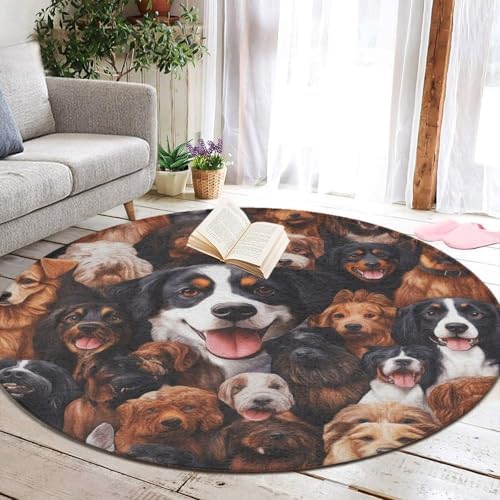 Room Sofa Yoga Soft Round Carpet, Home Decor Non Slip Kitchen Office Circle Rug, Machine Washable Modern Round Area Rug Husky Shepherd Dog Golden Hair Dog Puppy, 36inch