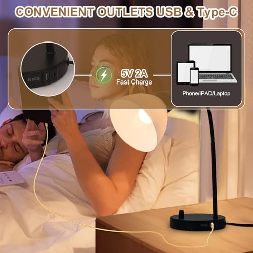 Desk Lamps, Table Lamps for Bedrooms with 2 USB Port, Stepless Dimmable Bedside Lamps, Adjustable Lamp for Living Room, Small Lamps for Office Reading, Nightstand Lamps with 5W LED Bulb