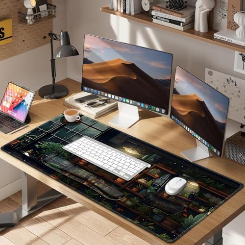 Aesthetic Green Plant Books Mouse Pad with Wrist Support 4 in1 Set, XXL Big Game Mousepad + Keyboard Wrist Rest + Mouse Wrist Rest Pad +Coaster Gaming Mat for Work Study I Japanese Anime Lofi Cat