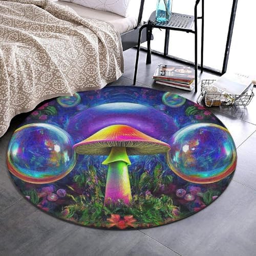 Large Round Area Rug Home Decor Modern Bathroom Rug Kitchen Office Circle Rug for Living Room Sofa Circle Cute Mat Trippy Magic Mushrooms Art, 36inch