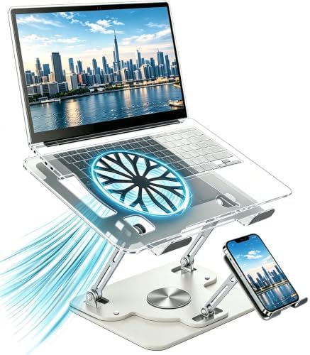 Laptop Stand for Desk with Quiet Cooling Fans - 2-in-1 Rotating Base with Phone Holder, Ergonomic Computer Stand, Aluminum Laptop Riser Foldable for Office Home fits MacBook Air Pro, Dell, HP (silver)