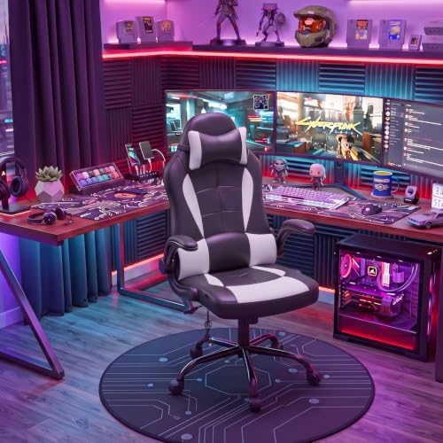Massage Gaming Chair Office Chair Ergonomic PU Leather Desk Chair with Lumbar Support, Headrest, Flip-Up Armrests, and Swivel Rolling Base, Ideal for Women Adults, White