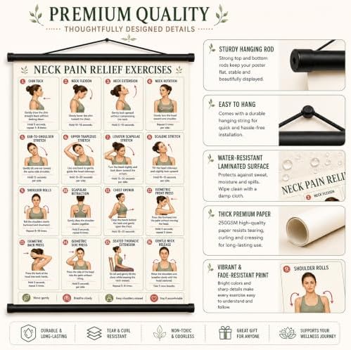 GCOWCOUIA Neck Pain Relief Exercises Poster, Neck Tension Stretches & Tech Neck Posture Correction Chart, Rounded Shoulder and Upper Back Desk Stretch Guide, 16 x 24 Inch