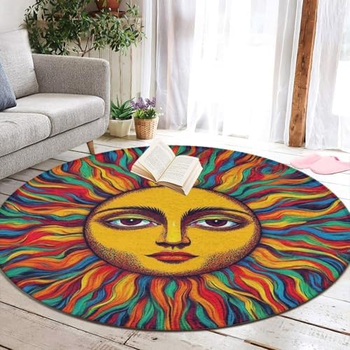 Home Decor Non Slip Kitchen Office Circle Rug, Machine Washable Modern Round Area Rug, Room Sofa Yoga Soft Round Carpet Trippy Sun Art, 60inch