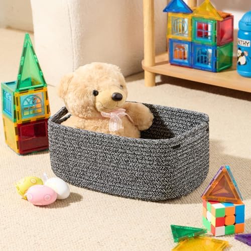 MiniArk Small Storage Baskets for Organizing | Closet Organizer Bins | Shelf Toy Basket | Woven Rope Baskets | Cube Decorative Box | Shallow Basket | 13x8.5x5.1” | 3 Packs Dark Gray